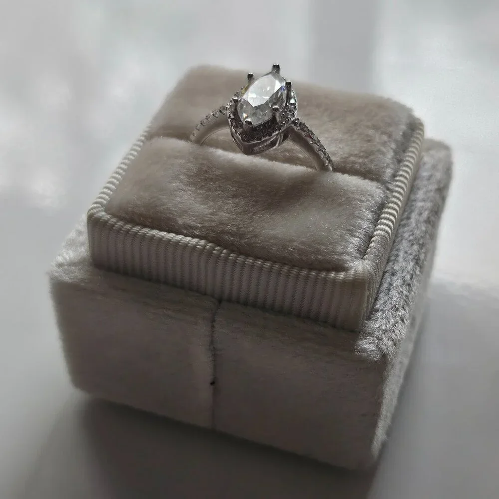 Marquise Cut Moissanite Engagement Ring, Statement, Size 6, Halo, Gift for her